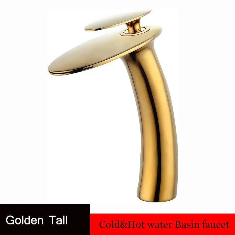 Modern sleek gold waterfall basin faucet with tall polished brass finish for elegant bathroom decor