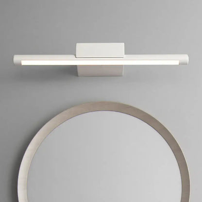 Modern slim white warm light fixture with sleek rectangular design and minimalist mounting bracket for bathroom use