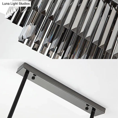 Modern smoke gray crystal rectangle chandelier with chrome finish and faceted smoke gray crystal prisms for dining room