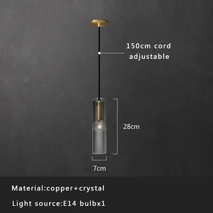 Modern smoked glass crystal copper pendant lights featuring a transparent crystal glass cylinder and brass copper top fixture