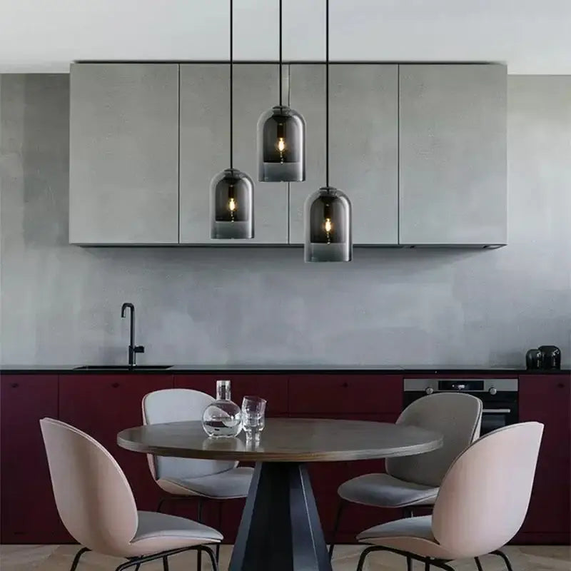Three hanging pendant modern smoked glass LED chandelier with dark smoked glass shades for dining room illumination