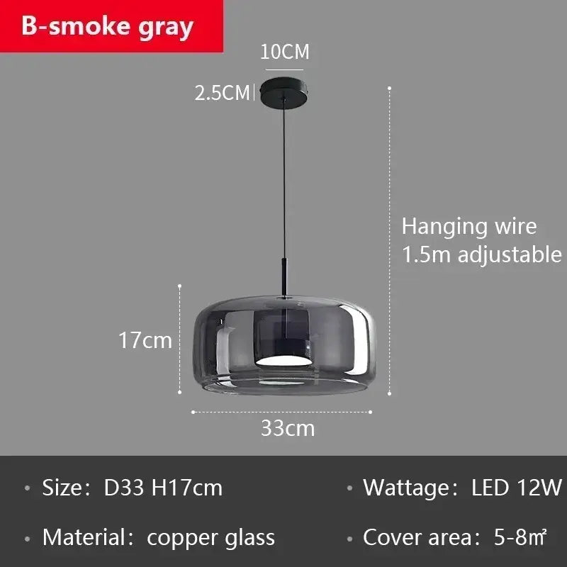 Modern smoked gray copper glass led pendant chandelier with adjustable wire for dining room lighting