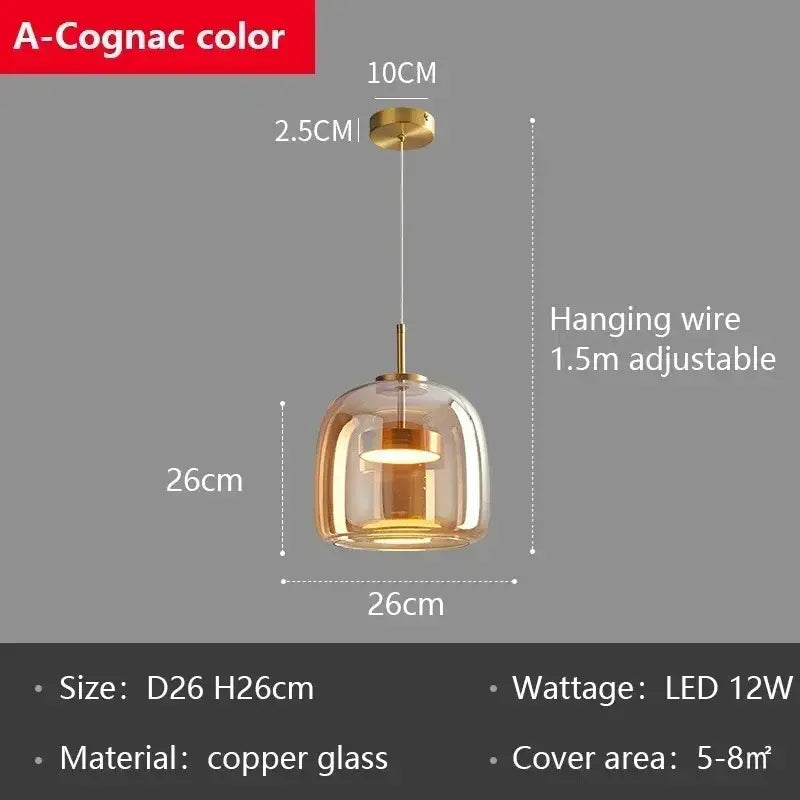 Modern pendant chandelier with warm amber glass globe and brass finish as a stylish glass led pendant for dining room