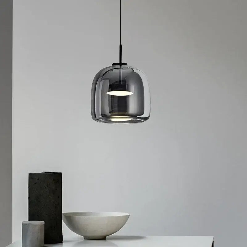 Modern smoked gray glass led pendant chandelier with dark gray dome and black metal for dining room lighting