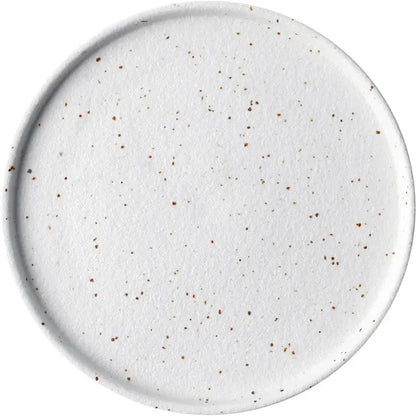 Modern speckled white ceramic dinner plate set featuring a white ceramic dinner plate with subtle brown speckles