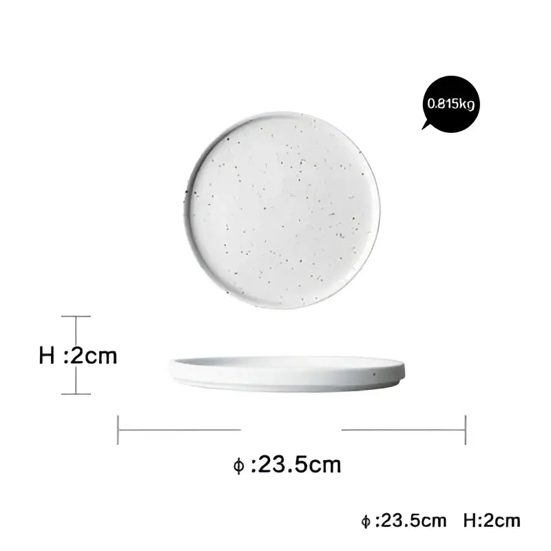 Modern speckled white ceramic dinner plate set featuring a flat circular dinner plate with a slightly raised rim