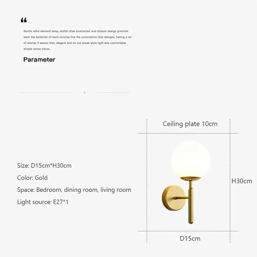 Modern wall lamp with a gold finish and spherical frosted glass shade perfect for bedroom lighting