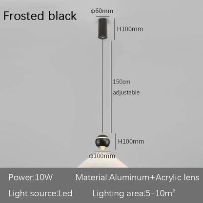 Frosted black spherical pendant light with aluminum and acrylic lens construction for decorbites led bedside decor
