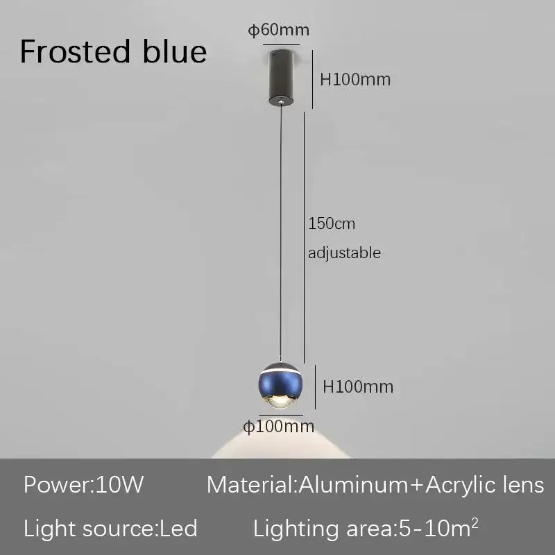 Frosted blue spherical pendant light with aluminum and acrylic lens design for modern decorbites led bedside lifting use