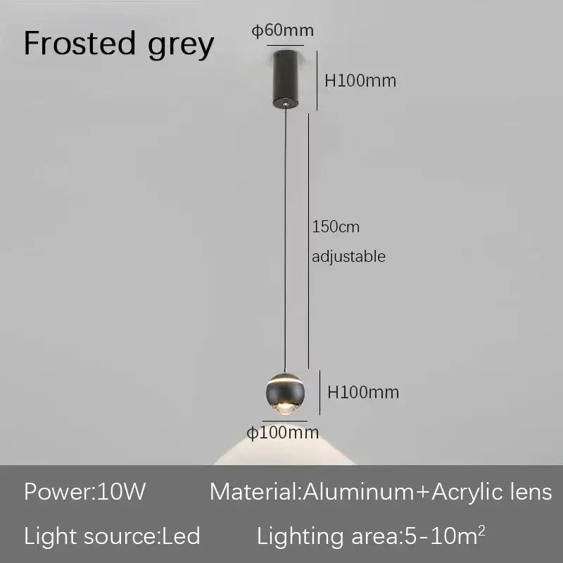 Modern spherical led bedside pendant light with frosted grey glass and aluminum acrylic lens for bedroom decorbites decor