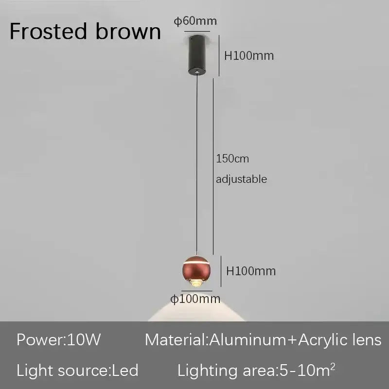 Modern spherical frosted brown pendant light with aluminum acrylic lens and adjustable 150cm cord for decorbites led bedside use