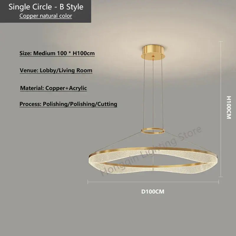 A modern circular pendant light fixture with copper finish and acrylic mesh design for living room use