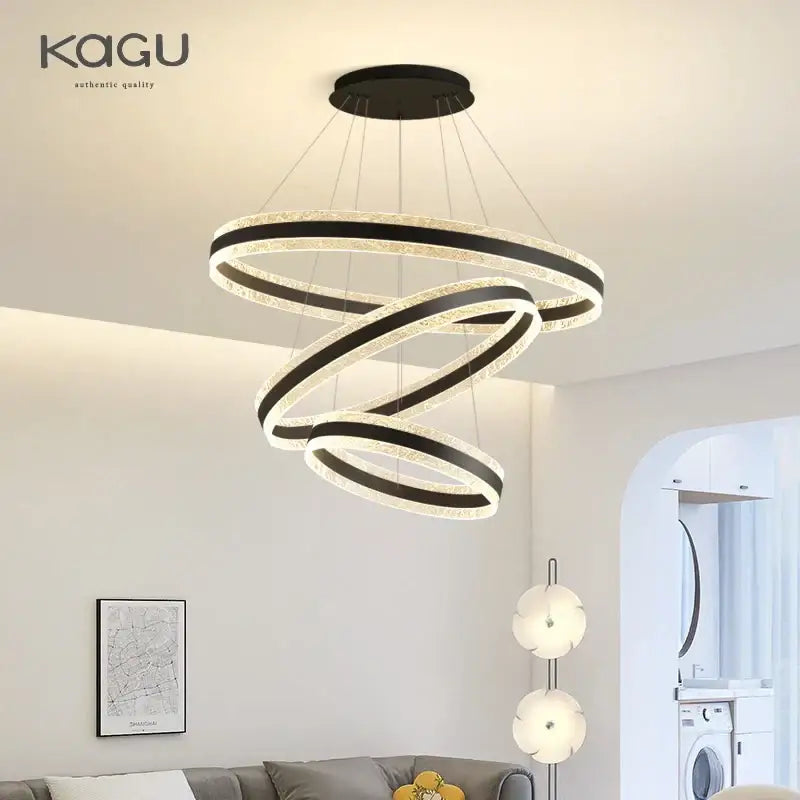 Modern spiral circle rings led chandelier in black and white with crystal accents for living room decorbites circle rings