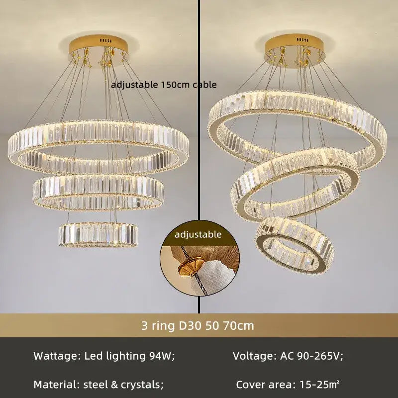 Modern spiral crystal circle led chandelier with three interlocking clear crystal rings crafted from steel for staircase decorbites crystal circle