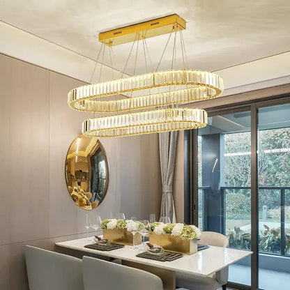 Gold-toned double-ring modern spiral decorbites crystal circle led chandelier with faceted crystal accents for staircase lighting