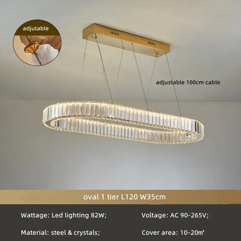 Gold-toned modern spiral crystal circle led chandelier with two tiers of clear crystals on a steel frame decorbites crystal circle
