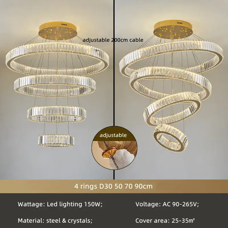 Adjustable modern spiral crystal circle led chandelier with multiple crystal rings and gold-toned decorbites crystal circle mount