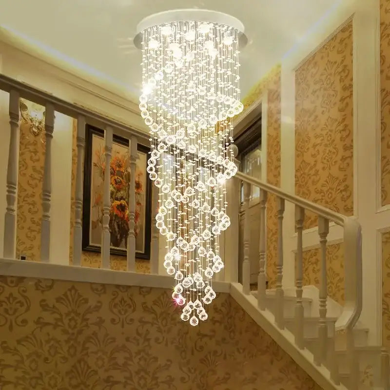 Modern spiral decorbites crystal led ceiling chandelier with a white top and cascading faceted crystals for living room decor