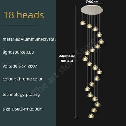 Modern spiral crystal led ceiling chandelier with chrome aluminum finish and 18 cascading light heads for decorbites crystal led use