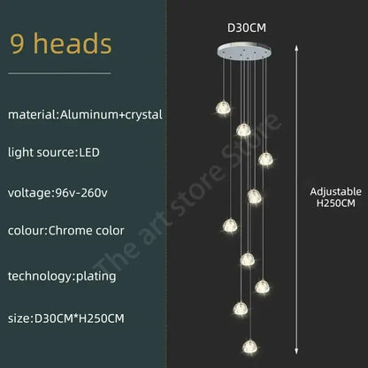 Modern spiral crystal led ceiling chandelier with chrome aluminum and nine hanging light heads for kitchen decorbites crystal led