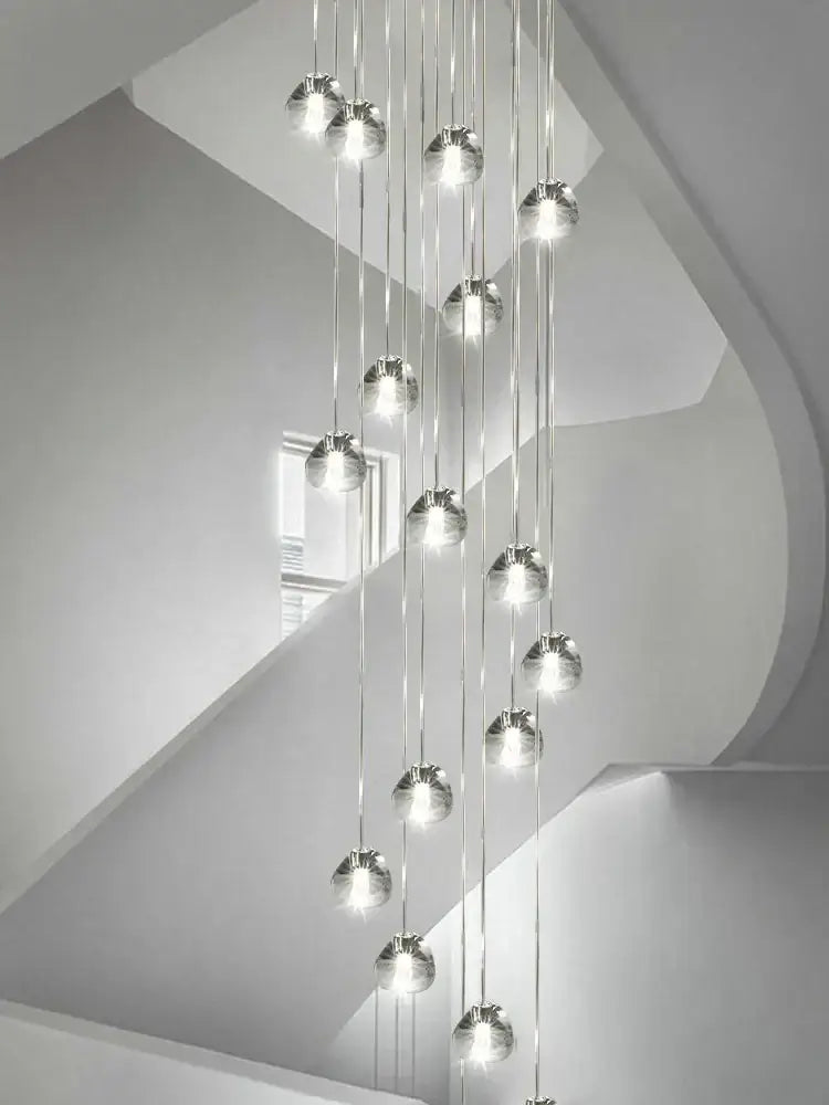 Modern chrome finished spherical pendant led ceiling chandelier with multiple hanging lights for staircase decorbites crystal led