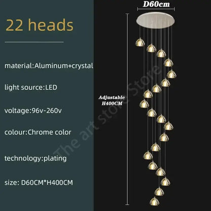 Modern spiral crystal led ceiling chandelier with chrome plated aluminum and 22 light heads for staircase decorbites crystal led