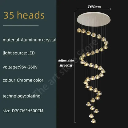 Modern spiral crystal led ceiling chandelier with chrome-finished aluminum and 35 cascading light heads for staircase decorbites crystal led