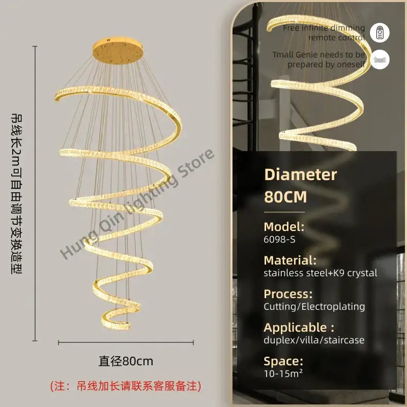 Modern spiral crystal pendant chandelier with golden spiral design embedded k9 crystal and stainless steel by decorbites crystal pendant