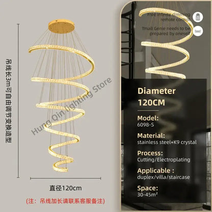 Modern spiral crystal pendant chandelier with golden spiral, k9 crystals, and stainless steel frame for living room decorbites crystal pendant