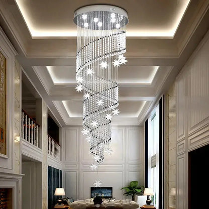 A modern spiral crystal star led chandelier with cascading crystal strands and star accents for living room decorbites crystal star