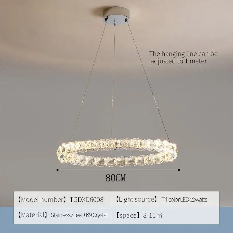 Modern spiral interlocking decorbites crystal chandelier with clear beads stainless steel frame and tri-color led lighting