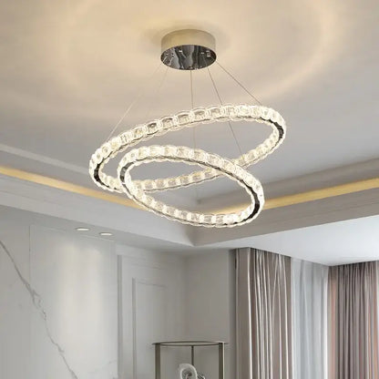 Modern spiral interlocking decorbites crystal chandelier with clear crystal beads and chrome accents for living room use