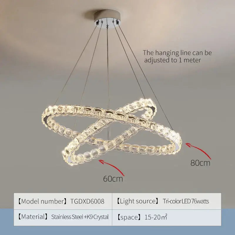 Modern spiral interlocking decorbites crystal chandelier with clear beads and stainless steel frame for living room use