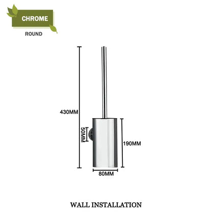 Modern round chrome toilet brush set with sleek cylindrical design and integrated wall mount for bathroom use