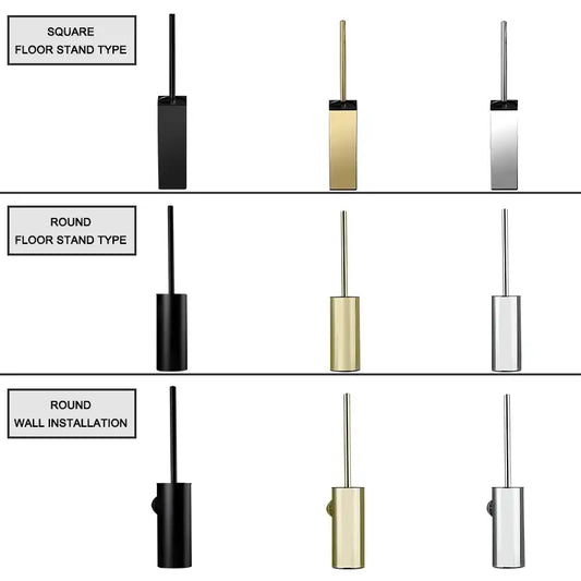 Modern square and round gold toilet brush set with black and silver holders for floor stand or wall installation