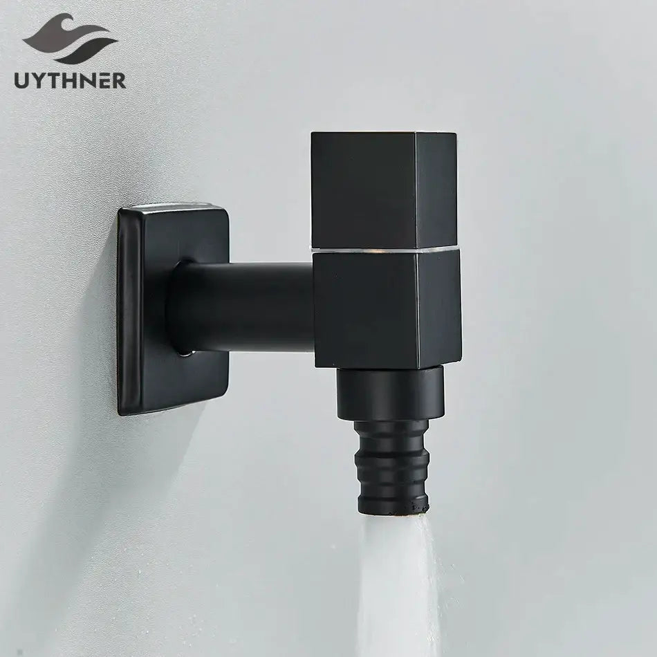 Modern square black brass wall mounted washing machine faucet with black matte finish and threaded hose connection