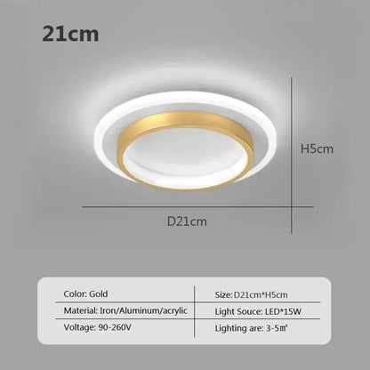Modern square black led ceiling light with a gold circular two-ring design featuring an inner gold band and outer white acrylic ring
