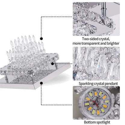 Modern square chrome crystal led ceiling chandelier with cascading faceted crystals and integrated led spotlight for living room decorbites crystal led