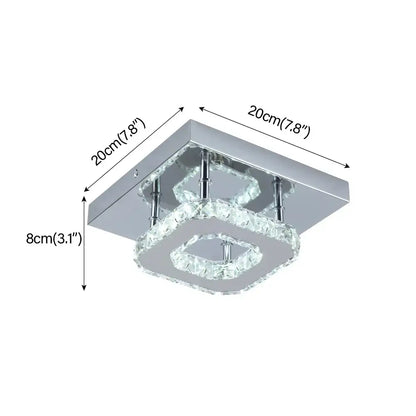 Modern square chrome ceiling light with two concentric crystal rings for bedroom crystal led ceiling lighting