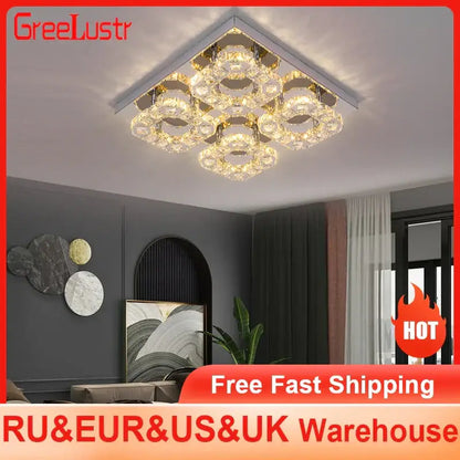 Modern square crystal led ceiling light with gold-toned metal frames and multiple tiers for living room use