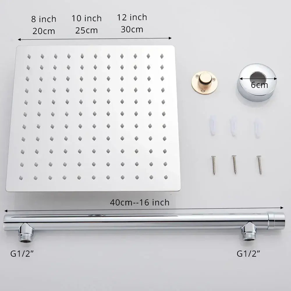 Modern square chrome rainfall shower head with multiple nozzles and decorbites bright chrome mounting bar