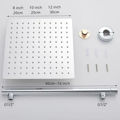 Modern square chrome rainfall shower head with multiple nozzles and decorbites bright chrome mounting bar