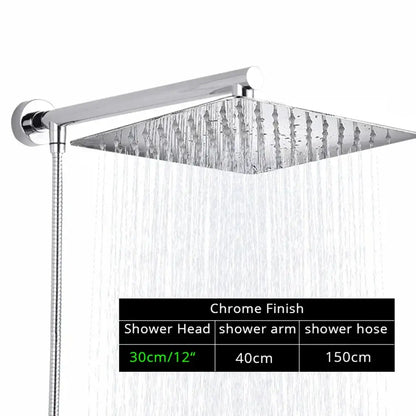 Modern square chrome rainfall shower head with arm and integrated flexible hose by decorbites bright chrome
