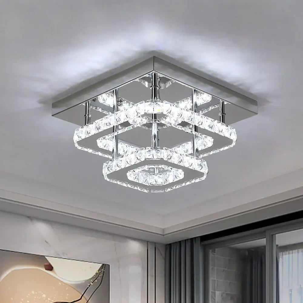 Modern square flush mount ceiling light with layered crystal rings and chrome accents for kitchen use