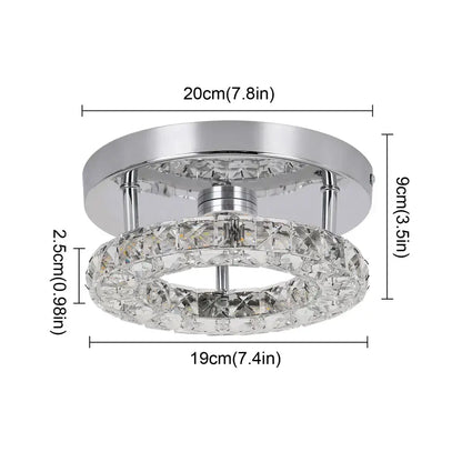 Modern square chrome flush mount ceiling light with two concentric crystal rings and central led bulb for kitchen use