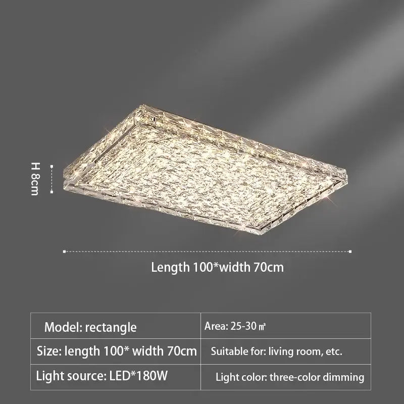 Modern square crystal led ceiling light in silver and chrome with textured surface and three-color dimming functionality