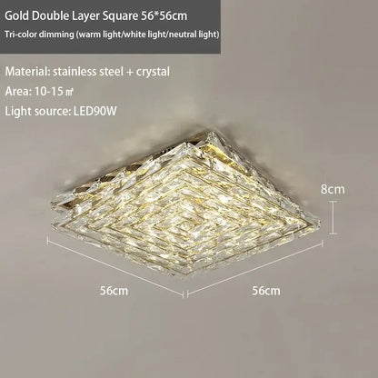 Gold double layer square led ceiling light with geometric crystal design and stainless steel frame for modern bedrooms