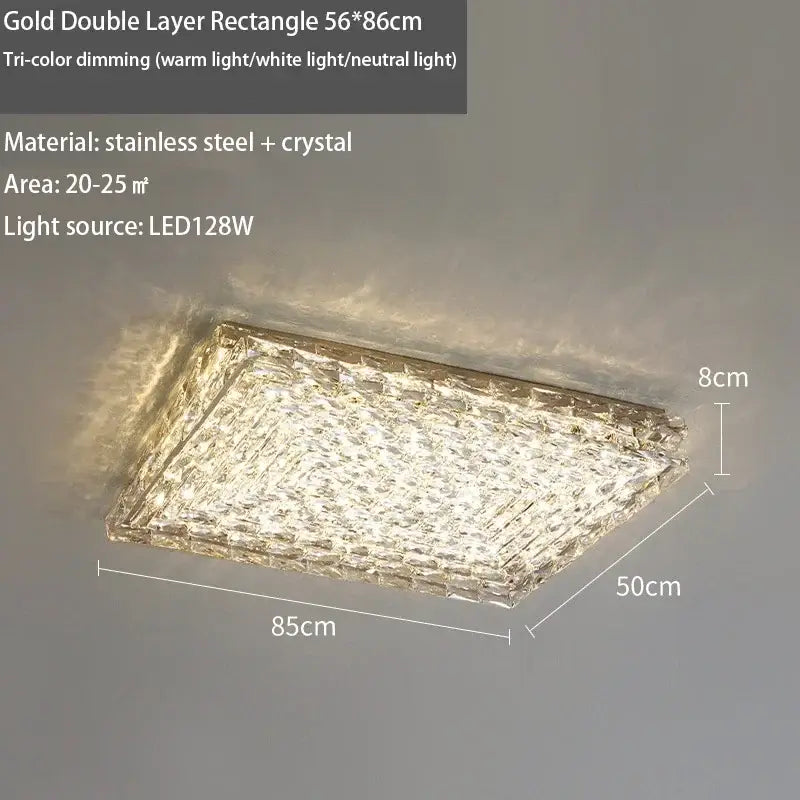 Gold double layer rectangular led ceiling light with textured crystal stainless steel design and tri-color dimming functionality
