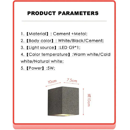 Dark gray textured cement wall lamp with metal outdoor sconce in a modern square design for decorbites cement wall lamp