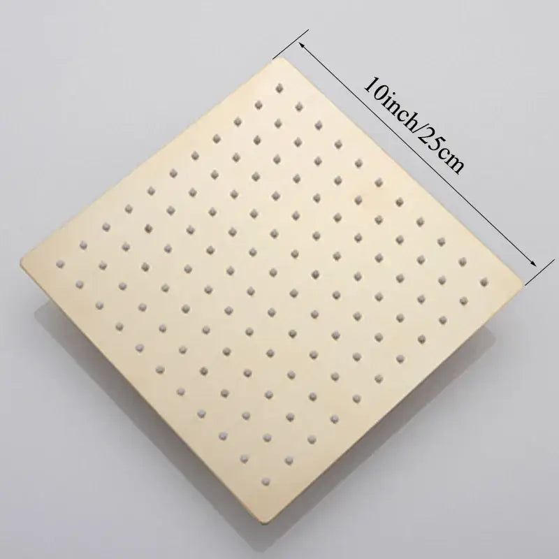 Modern square rain shower head with cream-colored metal pegboard measuring 10 inches across for bathroom use
